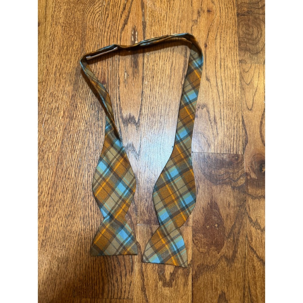 Carrot & Gibbs Handmade Pure Silk Bow Tie Brown Blue Plaid Adjustable Button Men